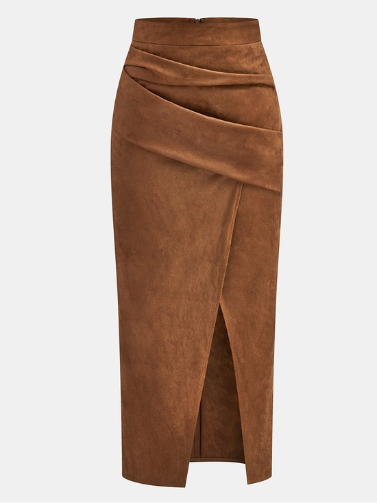 Commense Dresses & Skirts - NWT - Commense Draped Slit Suede Effect Midi Skirt in Light Brown - Size L